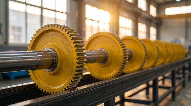 Row of yellow industrial gear wheels mounted on a metal shaft inside a sunlit workshop with warm light