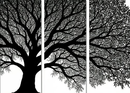 Black Tree Silhouette Triptych on White Background