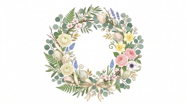 Luxury Easter Floral Wreath Vector Illustration