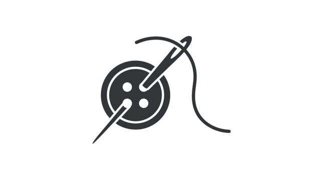Simple black icon showing sewing needle and plastic clothing button for fashion design graphic project tasks