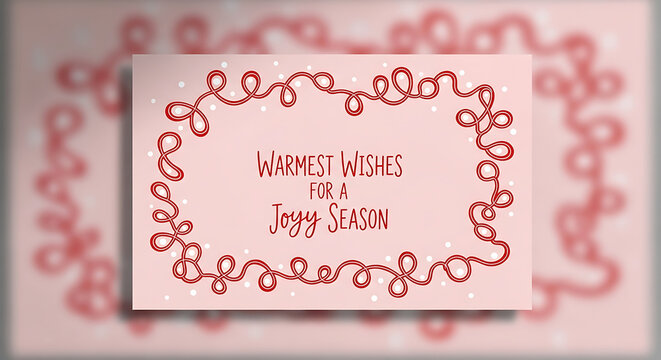 A minimalist greeting card featuring holiday wishes inside a festive frame on a pink background with hand drawn red swirls