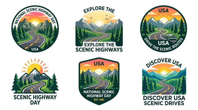 Road trip vector badge set of USA national scenic highway day, scenic travel routes in mountain landscape