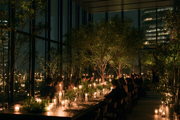 Naklejka premium Elegant Modern Wedding Reception Venue with Soft Lighting and Greenery in Tokyo at Night