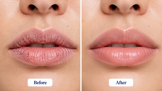Dry cracked lips hydration treatment comparison showing moisturizing results before and after effect.