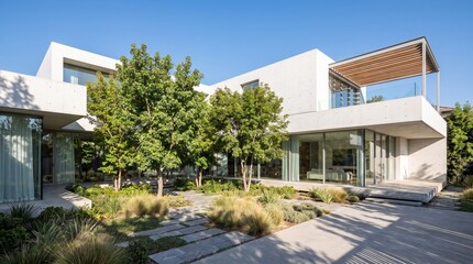 Fototapeta premium Luxury residential house features a contemporary architectural design with large windows and a beautiful landscaped garden.