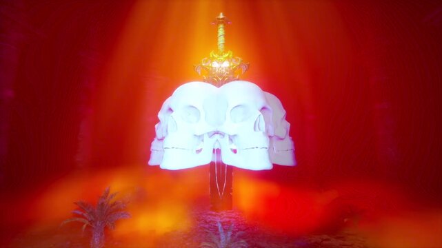 Mystical Hellfire Shrine with Glowing Magic Sword and Floating Skulls Animation
