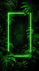 Obraz premium A glowing neon green rectangular frame surrounded by lush dark green tropical leaves on a black background.