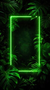 A glowing neon green rectangular frame surrounded by lush dark green tropical leaves on a black background.