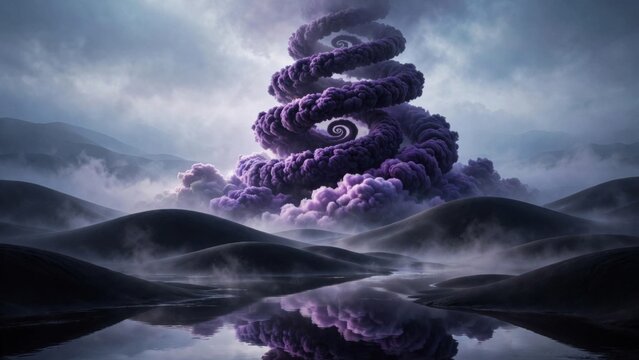 Mysterious Purple Swirling Cloud Formation Over Misty Landscape.