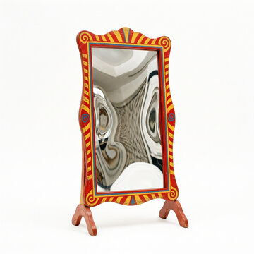 Funhouse mirror reflecting distorted images isolated on white background  