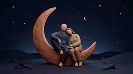 Naklejka premium A Romantic Evening Together Under a Starry Night Sky, Couple sitting on a crescent moon under a starry night sky in a surreal landscape.