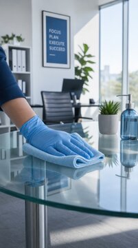 A gloved hand cleans a glass office table with a blue cloth, highlighting hygiene and cleanliness in a modern workspace.