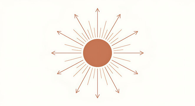 Minimalist terracotta sun with radiating boho rays and arrows representing mystical energy and expansion on a clean background