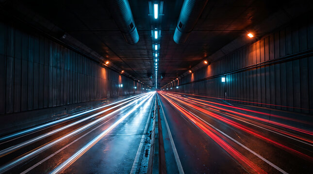 A breathtaking view of a highway tunnel with light trails from moving vehicles creating a dynamic and vibrant atmosphere, evoking a sense of speed and movement