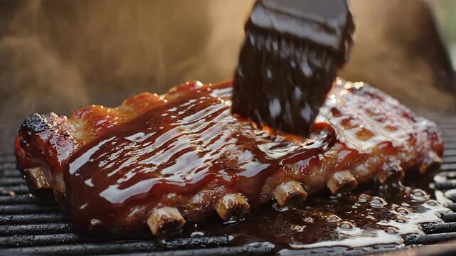Close-Up Glazing Barbecue Ribs on Grill with Barbecue Sauce Under Sunny Outdoor, Capturing Smoky Flavors and Succulent Texture for Culinary Photography