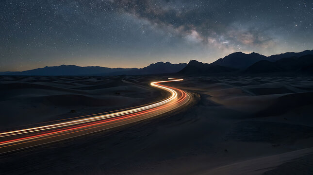 Long exposure light trails from vehicle headlights moving through a vast desert landscape under a clear starry night sky with the visible Milky Way galaxy