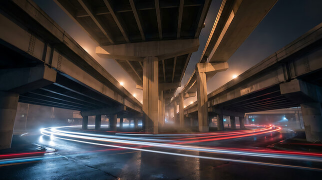 Underneath a Highway Overpass at Night, Car Light Trails Blur Across a Wet Road