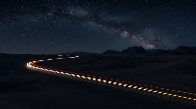 Stunning Long Exposure of Milky Way Galaxy over Winding Desert Road with Glowing Light Trails at Night