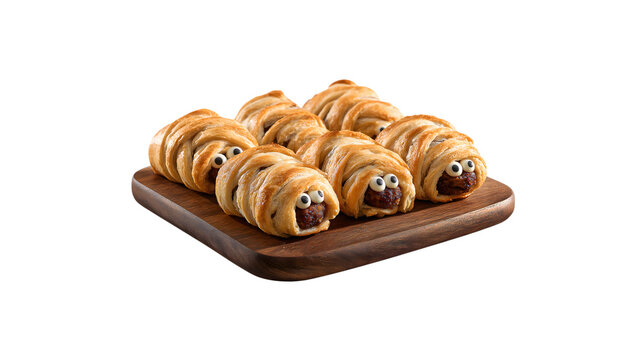 Eight mummy sausage rolls with googly eyes
