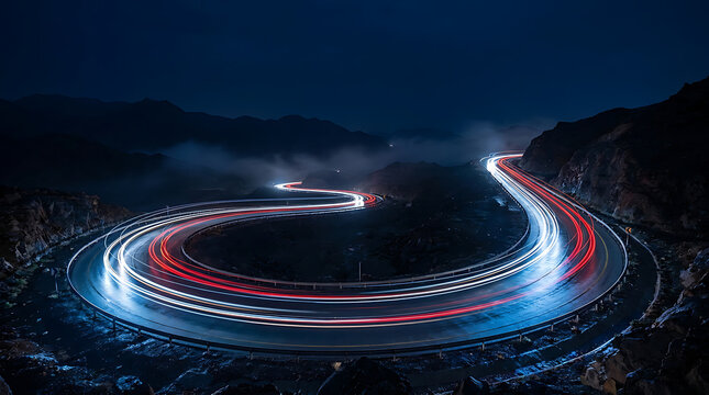 Long exposure light trails of vehicles driving along a winding mountain highway at night in the dark mist