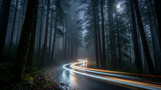 Long exposure light trails winding through a dark misty forest road at night under moonlight