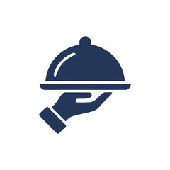 Fototapeta premium Hand holding a serving platter with a cloche dome icon, restaurant service vector graphic