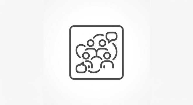 A minimalist line art icon depicts a group of people interacting with speech bubbles.