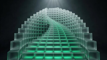 Obraz premium Abstract Geometric Staircase Structure with Glowing Green Light.