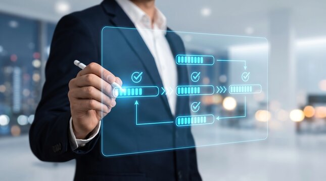 Business Professional Interacting With Digital Project Management Workflow Interface for Task Optimization and Streamlined Corporate Productivity