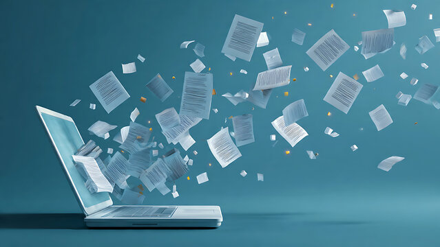 Laptop with papers flying out, digital data transfer, information overload concept