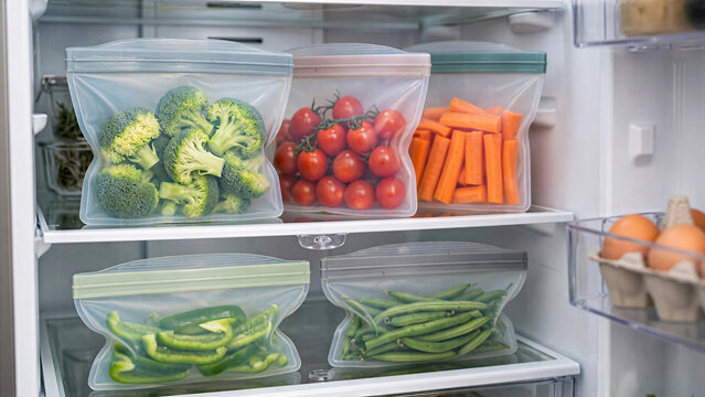 Reusable silicone food storage bags with fresh vegetables inside fridge zero waste storage concept photo