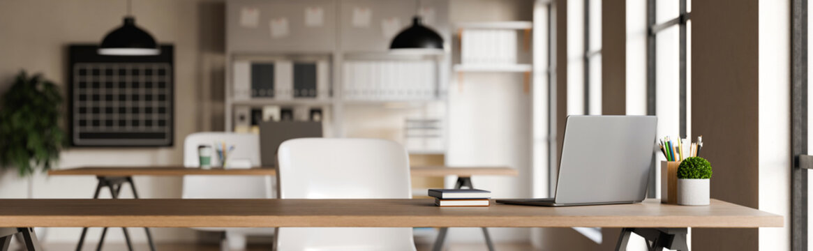 3D Illustration of Modern Open Office Interior with Laptop on Wooden Desk, Minimal Scandinavian Style Workspace