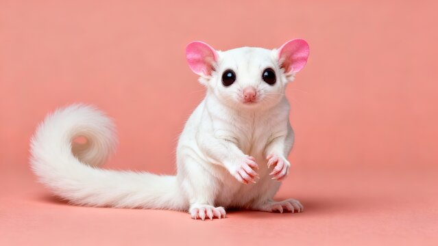 Full body shot of a white leucistic sugar glider sitting on a coral pink background