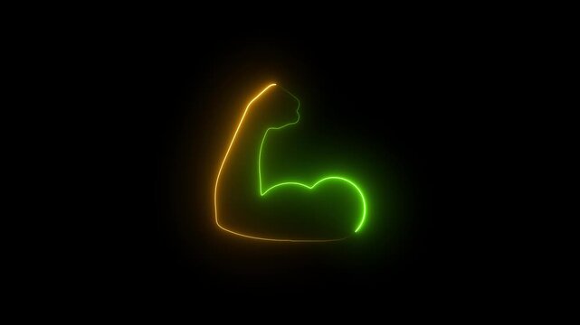 Neon glowing bicep flex animation: symbol of strength, fitness, and power for sports branding muscle
