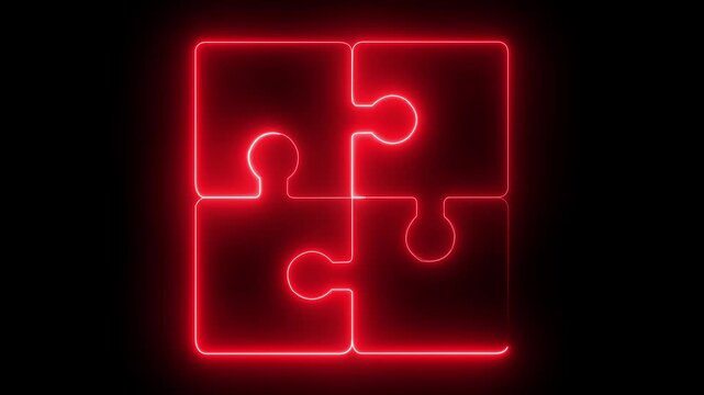 Glowing red neon jigsaw puzzle pieces connecting, abstract business concept animation for problem solving and teamwork strategy