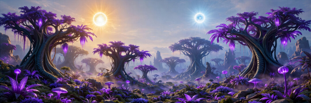 Futuristic alien forest landscape with strange glowing purple flora under two planetary suns render