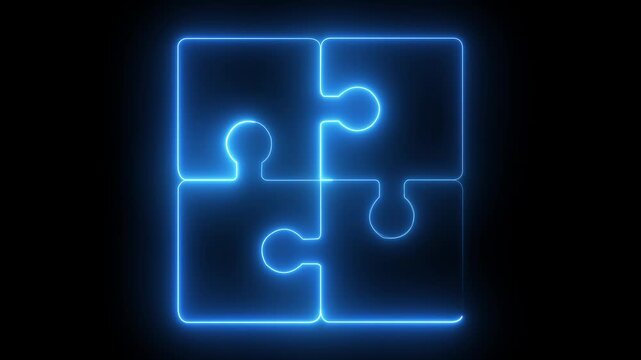 Glowing neon puzzle pieces connecting, business strategy and problem solving concept, abstract digital animation for corporate presentations and tech backgrounds