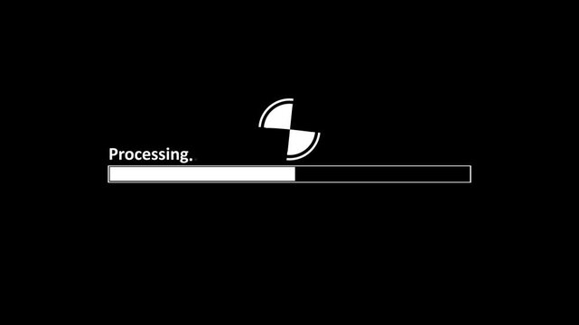 Minimalist loading bar animation with spinning on black background, for digital interface, and software ui projects