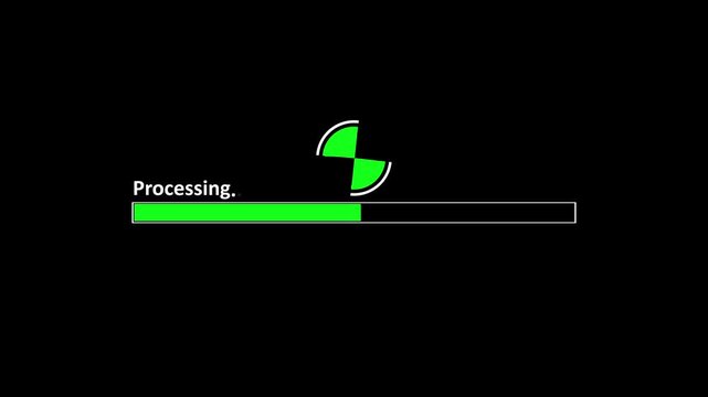 Green loading bar animation with spinning progress indicator on black background, for ui ux processing