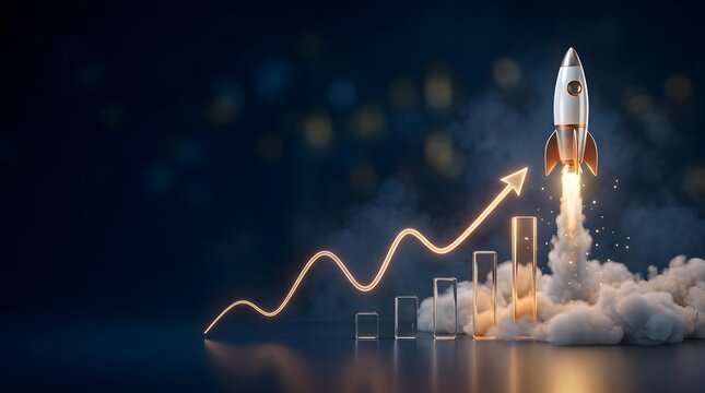Rapid economic expansion concept with a space rocket taking off next to illuminated bar charts highlighting corporate investment growth