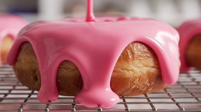 Close-up of pink glaze dripping onto a delicious donut on a cooling rack
