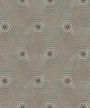 Seamless geometric background with multilayered hexagonal units featuring a sophisticated high-definition industrial pattern in greige