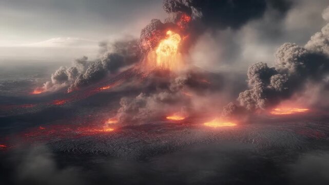 Aerial view of massive volcanic eruption with explosive lava flow with towering dark smoke billowing sky over rugged terrain