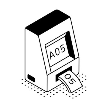 Isometric queue token machine dispensing numbered tickets for customer service management.