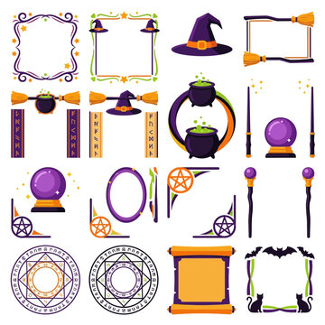 Halloween witch elements vector set, magic spell frames, potion cauldrons, broomsticks, crystal balls, wands, pentagram corners for labeling isolated on White Background Editable EPS