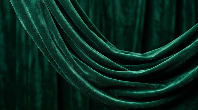Emerald green velvet fabric background. Luxurious draped textile with soft wavy folds.