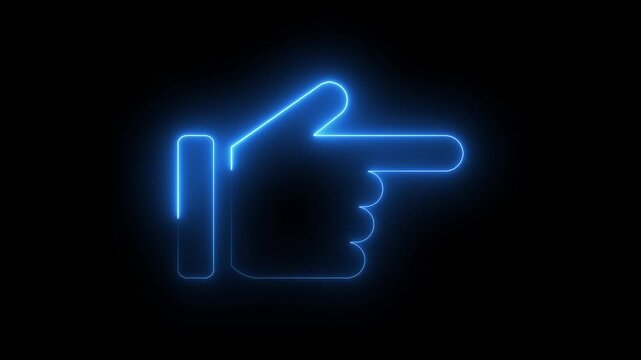 Glowing neon hand pointer animation, blue digital directional sign for ui and web