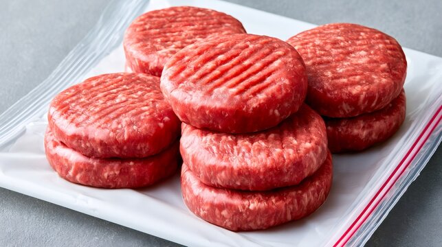Raw beef hamburger patties in storage bag