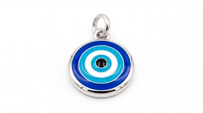 Round metal evil eye jewelry pendant featuring blue turquoise and white enamel patterns reflecting shiny light on white background