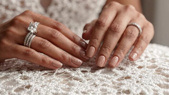 Exquisite diamond wedding jewelry adorns womans hand, symbolizing loves precious engagement and marriage, captured in close up